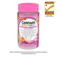Multigummies prénatales Centrum avec DHA et acide folique, supplément multivitaminé et minéral post-partum, 60 pièces, approvisionnement de 30 jours Multigummies prénatales Centrum