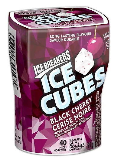 Bouteille de gommes sans sucre ICE BREAKERS ICE CUBES à la cerise noire 40 pièces