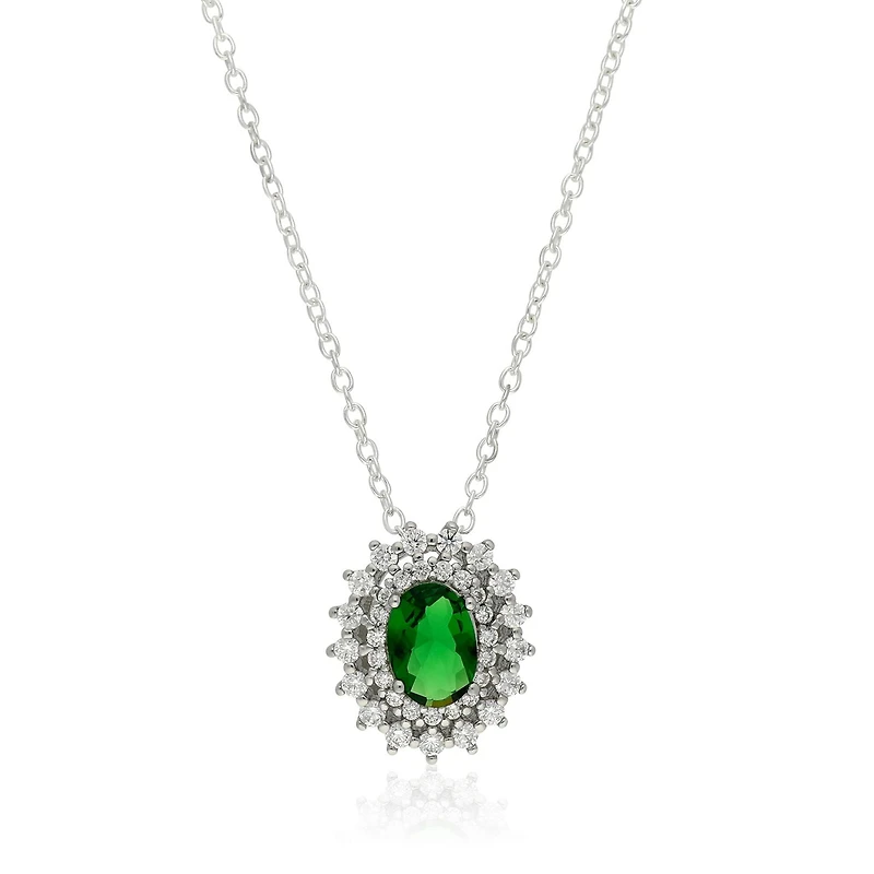 Quintessential Sterling Silver White Cz +Center Green Glass Pendant on 18" chain