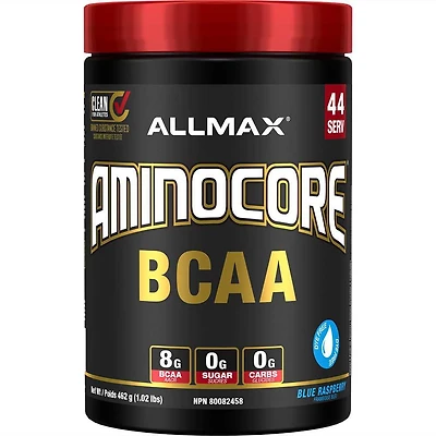 Aminocore BCAA - 8 g BCAA - 100 % acides aminés à chaîne ramifiée pure - Sans gluten - Framboise bleue - 462 g Soutien musculaire intra-entraînement<br>Stimule instantanément la croissance musculaire de 350 %<br>Sans agents de remplissage, sans acides aminés sans BCAA et sans sucre