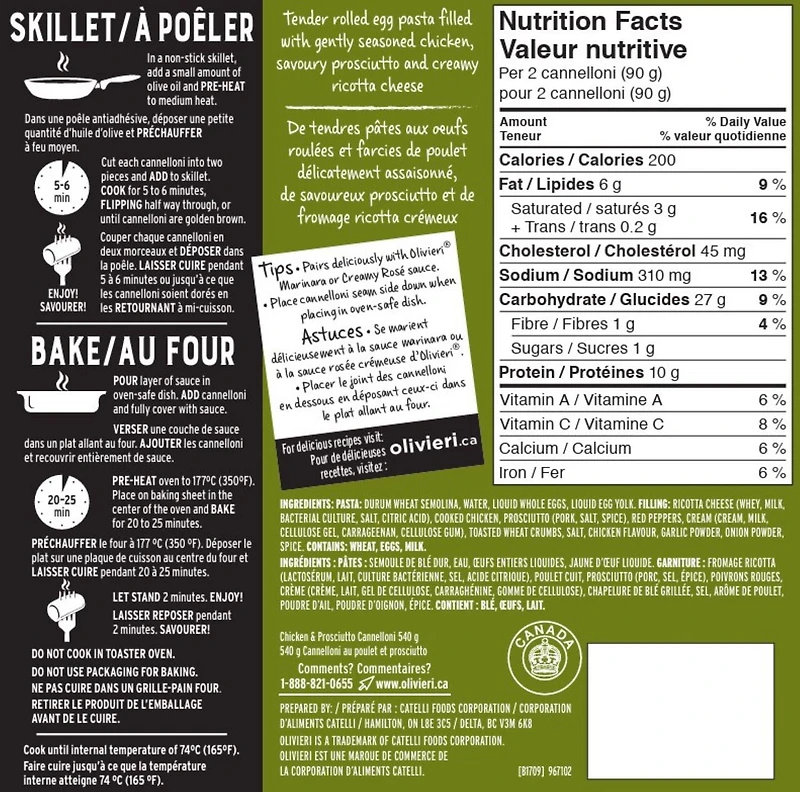 Olivieri Fresh Cannelloni Chicken Prosciutto, Fresh Pasta, 540 g