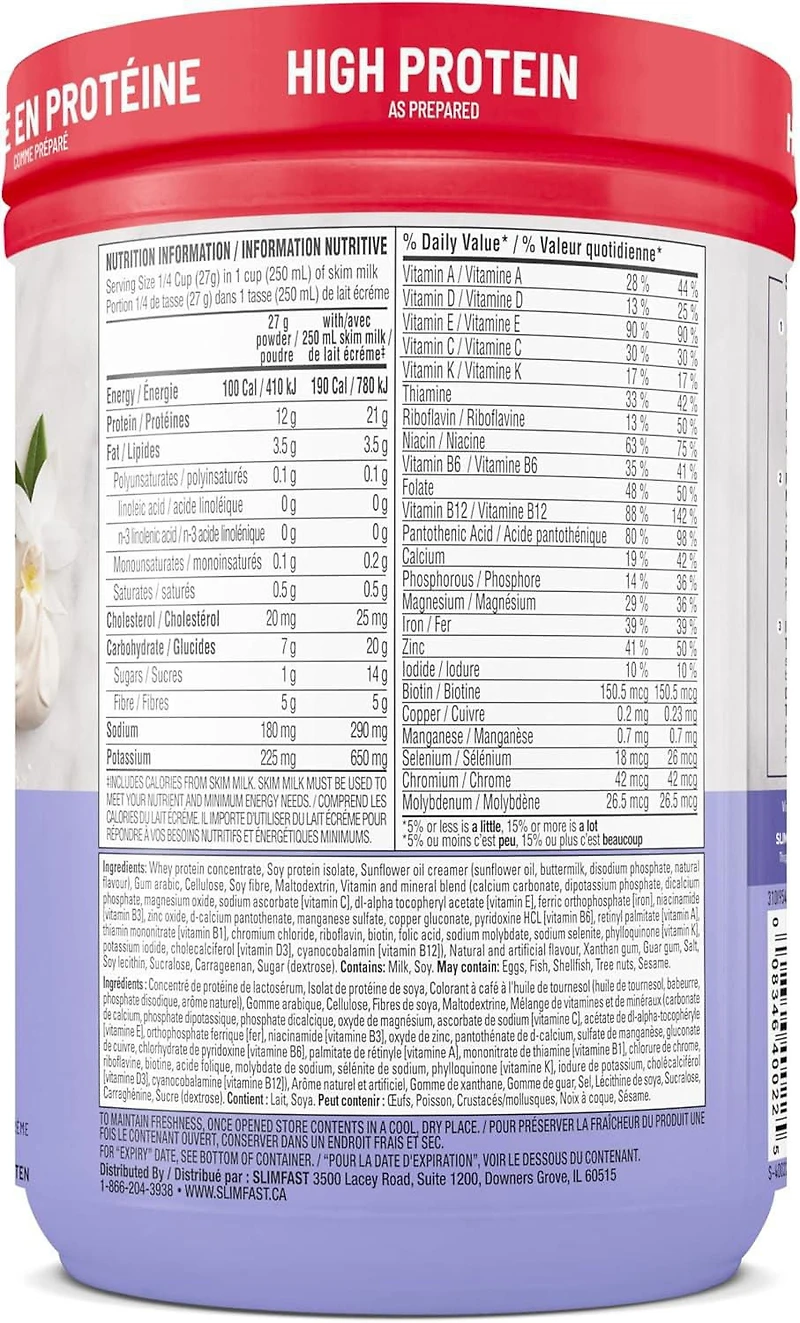 Mélange pour substitut de repas créme à la vanille élevé en protéine Smoothie Coupe la faim Nutrition avancée de SlimFast 312g
