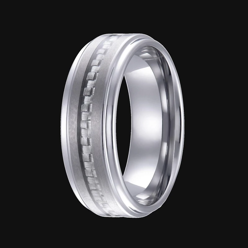 Quintessential Men's Tungsten 8mm White Carbide Fiber Inlay