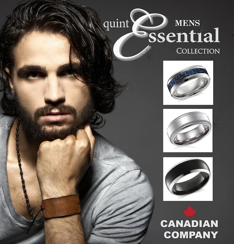 Quintessential Men's Tungsten 8mm White Carbide Fiber Inlay