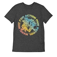 Paw Patrol Boy's basic tee shirt. This boys crew neck tee shirt has short sleeves and a trendy print and