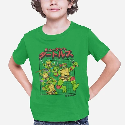 Teenage Mutant Ninja Turtles Boy's basic tee shirt. This boys crew neck tee shirt has short sleeves and a trendy print and