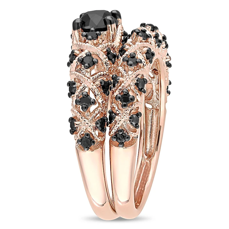 Ensemble nuptial rétro avec diamants noirs 1 CT poids total en argent sterling plaqué rosé