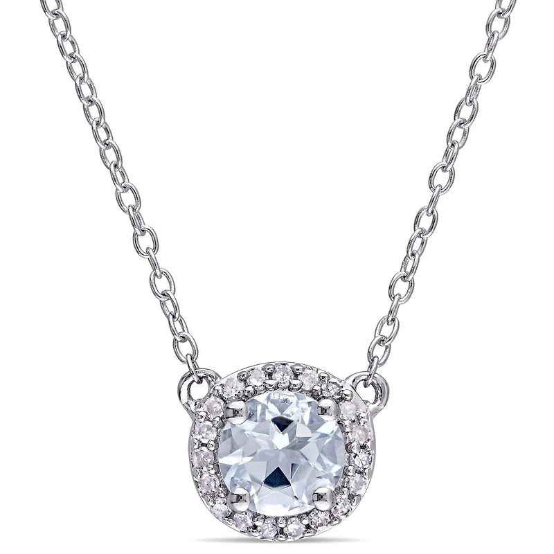 Tangelo 3/4 Carat T.G.W. Aquamarine And 1/10 Carat T.W. Diamond Sterling Silver HALO Necklace, 16"