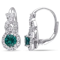 Boucles d'oreille auréoles Tangelo avec émeraudes synthétiques et saphirs blancs synthétiques 1-3/4 CT PBT en argent sterling