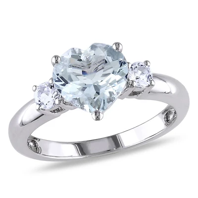 Bague à trois pierres de forme coeur Tangelo avec aigue-marine et saphirs blancs synthétiques 1-4/5 CT PBT en argent sterling