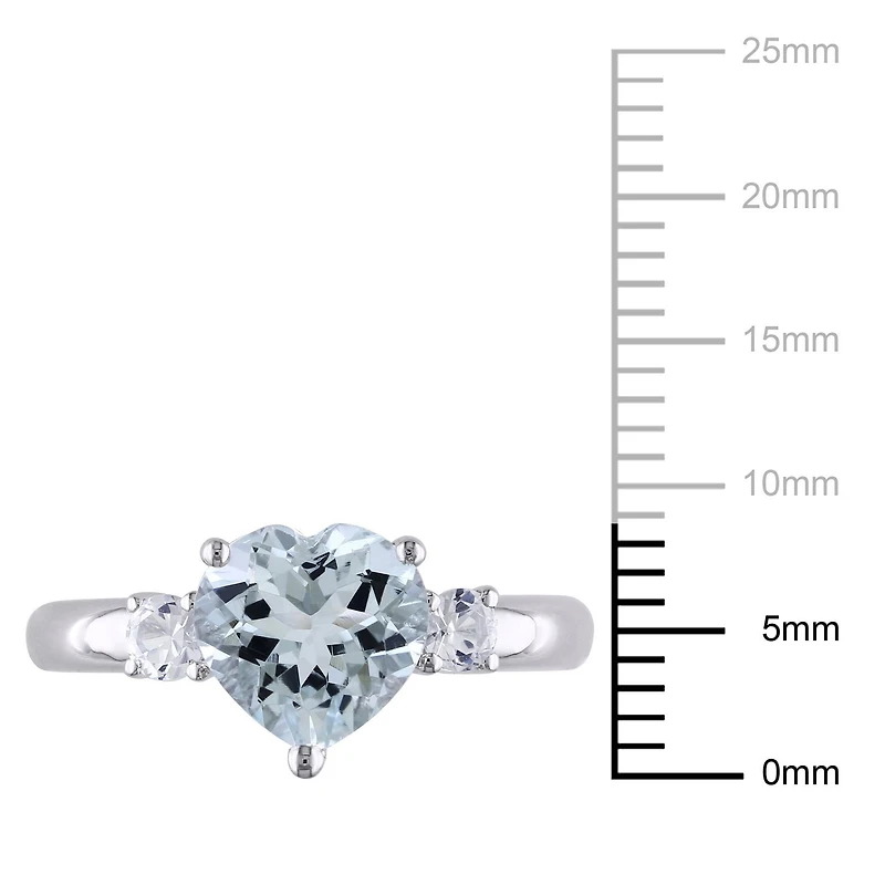 Bague à trois pierres de forme coeur Tangelo avec aigue-marine et saphirs blancs synthétiques 1-4/5 CT PBT en argent sterling