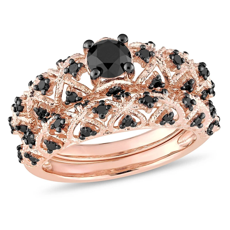 Ensemble nuptial rétro avec diamants noirs 1 CT poids total en argent sterling plaqué rosé