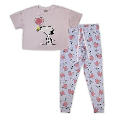Peanuts Ensemble pyjama pour femme. Cet ensemble pyjama confortable 2 pièces comprend un haut court à manches courtes et un pantalon long avec taille élastique et cordon de serrage