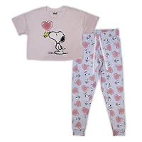 Peanuts Ladie's pyjama set. This 2 piece comfy pj set has a short sleeve boxy tee cropped top and long pant with elastic waist and draw string