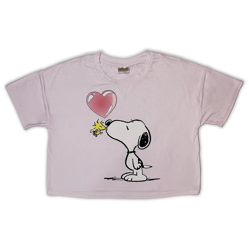 Peanuts Ladie's pyjama set. This 2 piece comfy pj set has a short sleeve boxy tee cropped top and long pant with elastic waist and draw string