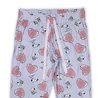 Peanuts Ladie's pyjama set. This 2 piece comfy pj set has a short sleeve boxy tee cropped top and long pant with elastic waist and draw string
