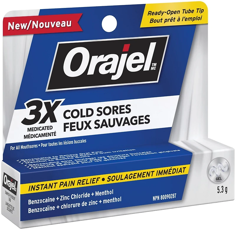 Gel Médicamenté Orajel Bouton de Froid 3x, Soulagement Instantané de la Douleur, 5,3g Le gel Feux sauvages 3X médicamenté Orajel soulage instantanément la douleur de tous les ulcères buccaux, 5.3g gel
