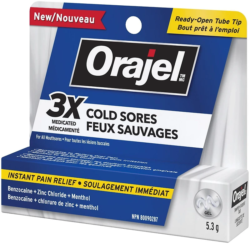 Gel Médicamenté Orajel Bouton de Froid 3x, Soulagement Instantané de la Douleur, 5,3g Le gel Feux sauvages 3X médicamenté Orajel soulage instantanément la douleur de tous les ulcères buccaux, 5.3g gel