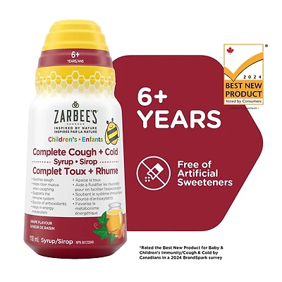Zarbee's Children's Complete Cough + Cold Syrup, Zinc, Honey, Tumeric, Marshmallow Root, B Vitamins, English Ivy Leaf, 118 mL