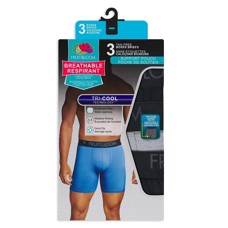 Paq. de 3 caleçons boxeurs respirants en micromaille Fruit of the Loom pour hommes Tailles Petit à TG