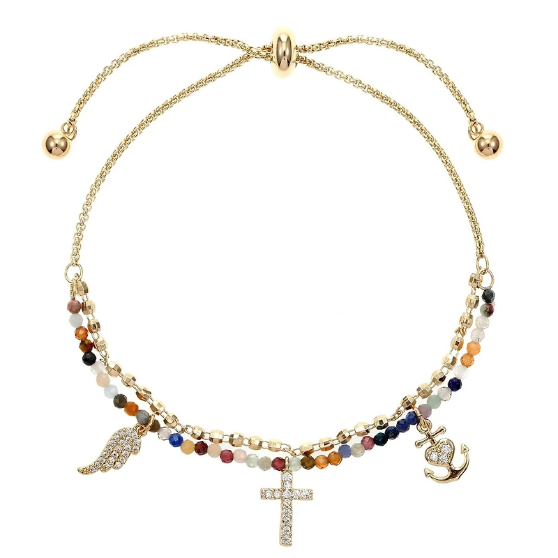 Luxury Designs Multi gemstone bolo bracelet with “Faith” charms