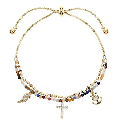 Luxury Designs Multi gemstone bolo bracelet with “Faith” charms