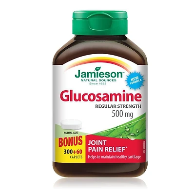 Jamieson Glucosamine 500 mg Caplets, Bonus Size, Provides Joint Pain Relief Associated with Osteoarthritis, and Cartilage Deterioration Protection. Non-GMO, Gluten-Free, 360 Caplets, Proudly Canadian, 300+60 caplets
