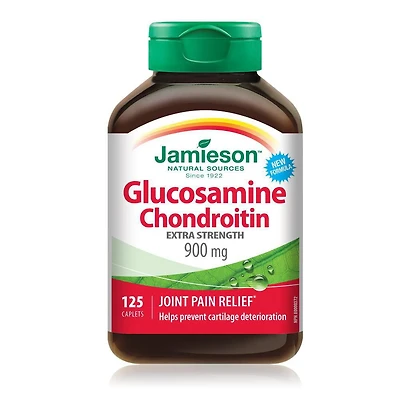Jamieson Extra Strength Glucosamine Chondroitin 900 mg, Provides Joint Pain Relief, Osteoarthritis Support, and Cartilage Protection. Non-GMO, Gluten-Free, 125 Caplets, Proudly Canadian, 125 caplets
