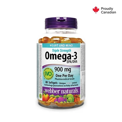 Webber Naturals®  Triple Strength Omega-3, 900 mg, 80 Clear Enteric soft gels, Supports Heart and Mind, EPA/DHA 80 Clear Enteric Softgels
