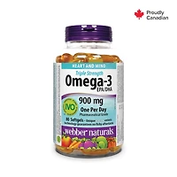 Webber Naturals®  Triple Strength Omega-3, 900 mg, 80 Clear Enteric soft gels, Supports Heart and Mind, EPA/DHA 80 Clear Enteric Softgels