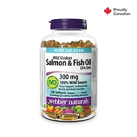 Webber Naturals® Wild Alaskan Salmon & Fish Oil, 300 mg EPA/DHA, Supports Heart and Brain, 220 Clear Enteric Softgels