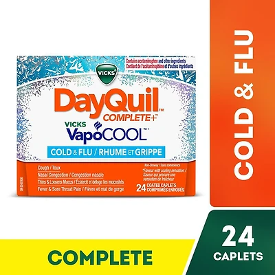 Vicks DayQuil COMPLETE + VapoCOOL rhume/grippe, jour sans somnolence : toux, fièvre, mal de gorge, congestion des sinus/bronchique, douleur sinus