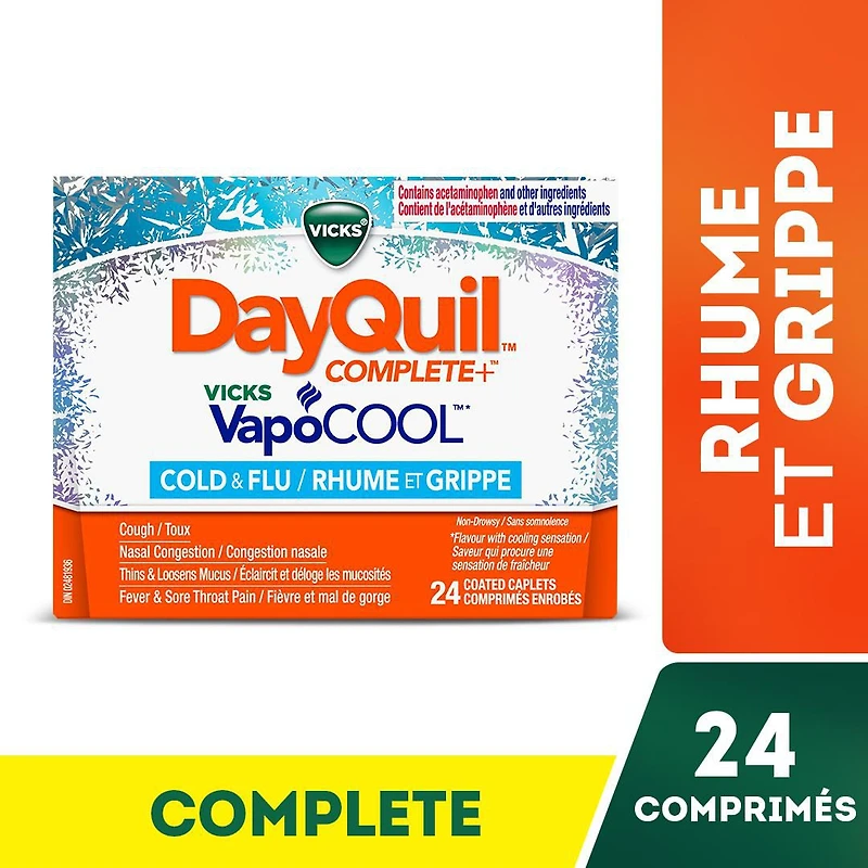 Vicks DayQuil COMPLETE + VapoCOOL rhume/grippe, jour sans somnolence : toux, fièvre, mal de gorge, congestion des sinus/bronchique, douleur sinus
