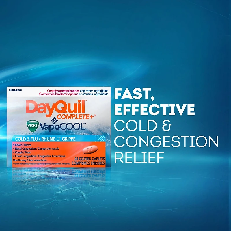 Vicks DayQuil COMPLETE + VapoCOOL rhume/grippe, jour sans somnolence : toux, fièvre, mal de gorge, congestion des sinus/bronchique, douleur sinus