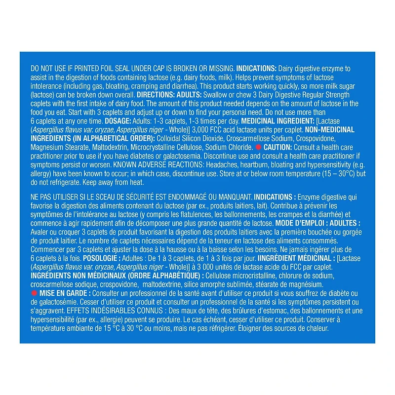 Equate Produit favorisant la digestion des produits laitiers 100 caplets 3,000 unites FCC de lactase acide