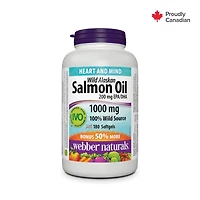 Webber Naturals® Wild Alaskan Salmon Oil 200 mg EPA/DHA , 1000 mg, Support of cardiovascular and mental health, 180 Softgels, BONUS!