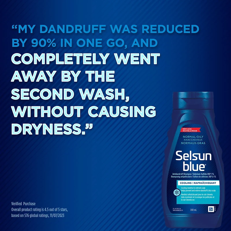 Selsun Blue Shampooing anti-pelliculaire pour cheveux normaux ou gras, 300 ml – Aide à contrôler les pellicules, les démangeaisons et les desquamation associées aux pellicules 300mL