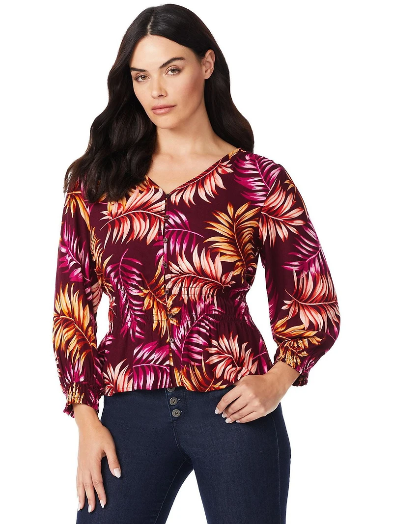 Sofia Jeans by Sofia Vergara Women's Print Top with 3/4 Puff Sleeves