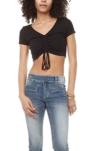 Jeaniologie ™Ladies cropped drawstring front short slv top Black