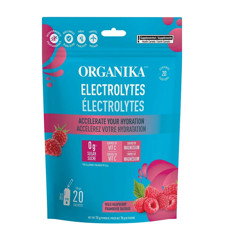 ORGANIKA Electrolytes Wild Raspberry On- the- Go Sachets, 20 x 3.5G Sachets