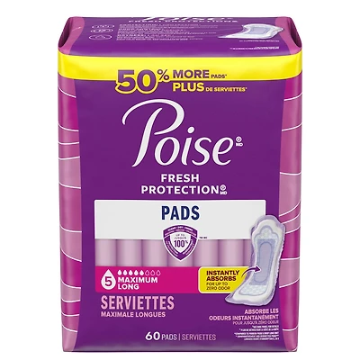 Poise Incontinence Pads & Postpartum Incontinence Pads, 5 Drop Maximum Absorbency, Long Length, 60 Count