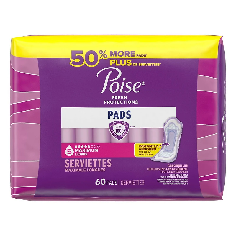 Poise Incontinence Pads & Postpartum Incontinence Pads, 5 Drop Maximum Absorbency, Long Length, 60 Count