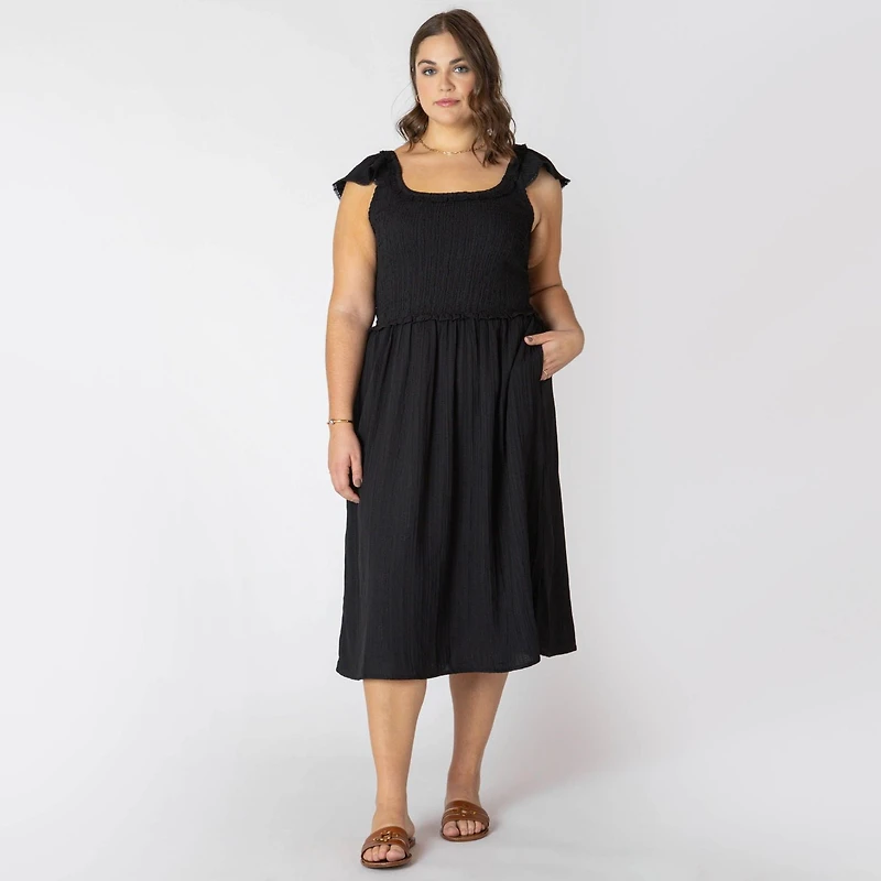 Devoted Women’s Plus size sleeveless midi dress with shoulder ruffle