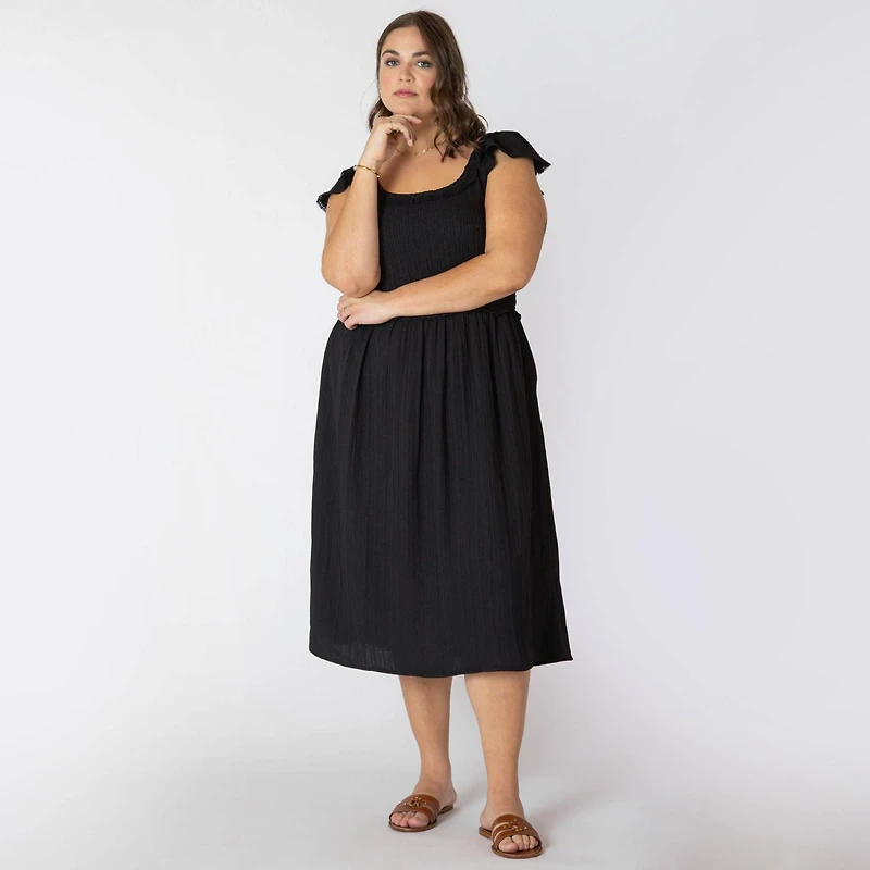 Devoted Women’s Plus size sleeveless midi dress with shoulder ruffle