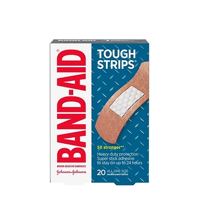 Pansements adhésifs de marque Band-Aid Tough-Strips pour le soin des plaies. Protection ultradurable pour les coupures et égratignures mineures, 20 pansements en un seul format.
