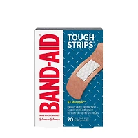 Pansements adhésifs de marque Band-Aid Tough-Strips pour le soin des plaies. Protection ultradurable pour les coupures et égratignures mineures, 20 pansements en un seul format.