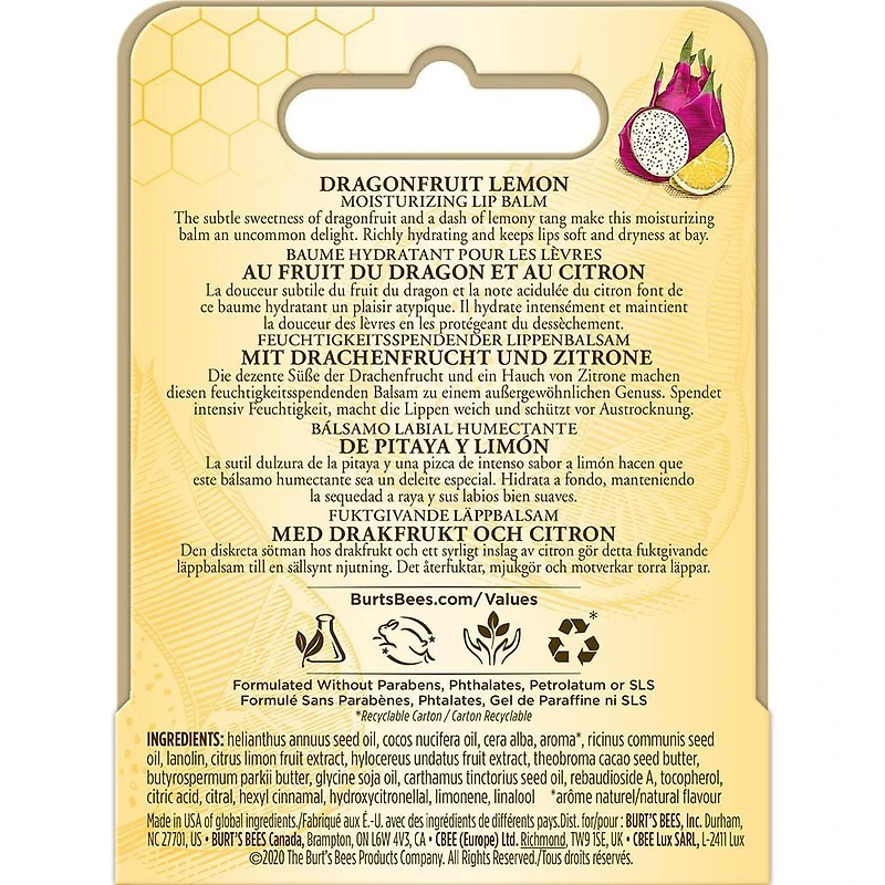 Baume hydratant pour les lèvres d’origine naturelle à 100 % au fruit du dragon et au citron de Burt’s Bees®, avec cire d’abeille et extraits de fruits, 1 tube Baume à lèvres fruit du dragon