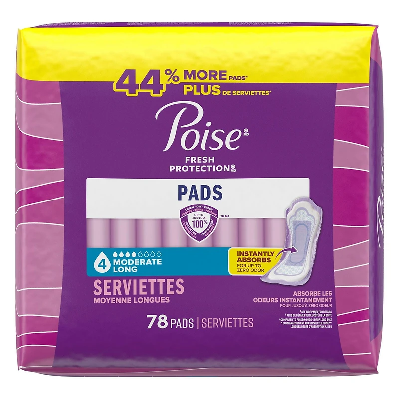 Poise Incontinence Pads for Women, 4 Drop Moderate Absorbency, Long Length, 78 Count, POISE MOD ABSB PAD BULK LNG 78