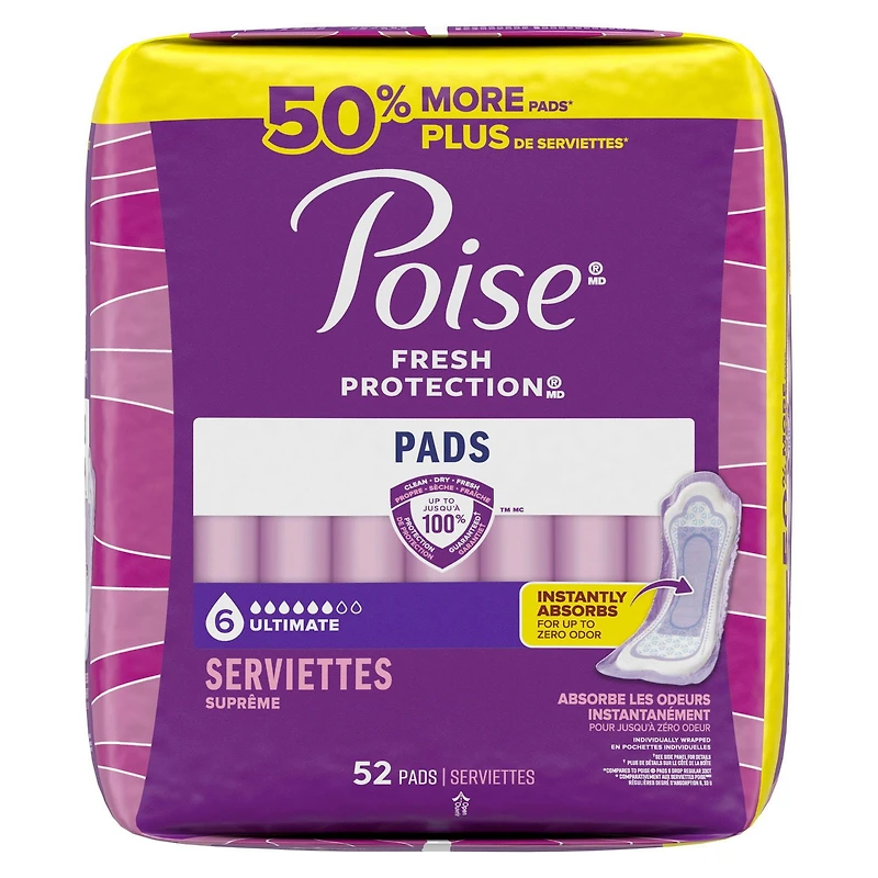 Serviettes d’incontinence et d’incontinence en période post-partum Poise, 6 gouttes absorption suprême, longueur ordinaire, 52 unités