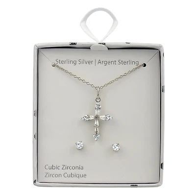 Luxury Designs Ensemble croix et boucles d'oreilles en argent sterling avec oxyde de zirconium